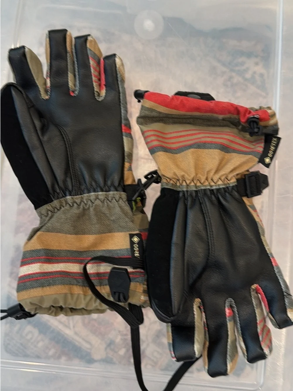 Burton Kids Striped Mittens in Red, Tan & Olive